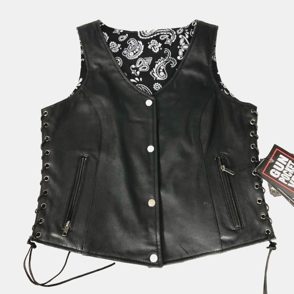 Unik Premium Women Sz M Black Leather Snap Front Vest Side Laces Paisley Liner - Picture 10 of 16